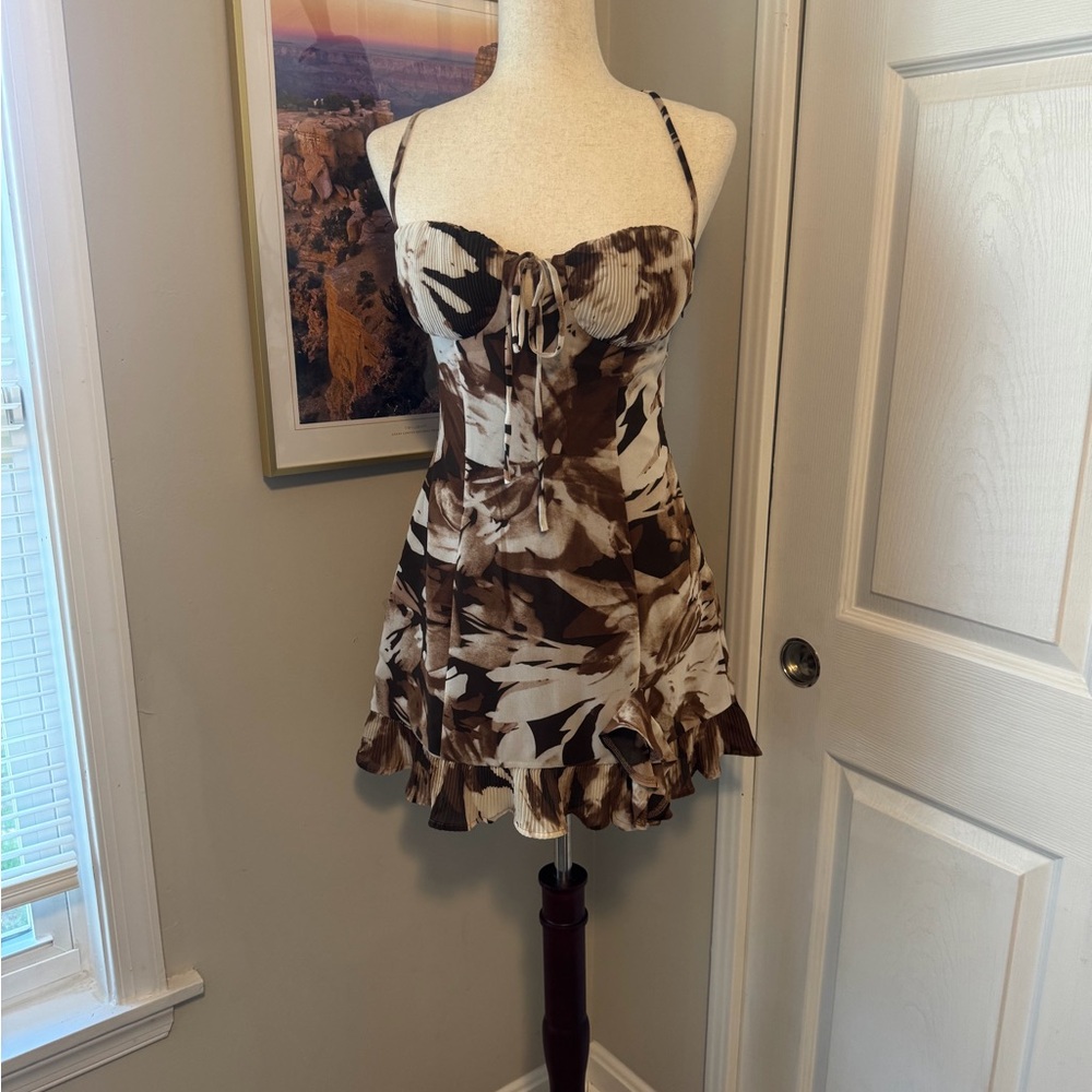 12th Tribe Abstract Brown and Cream Mini Dress